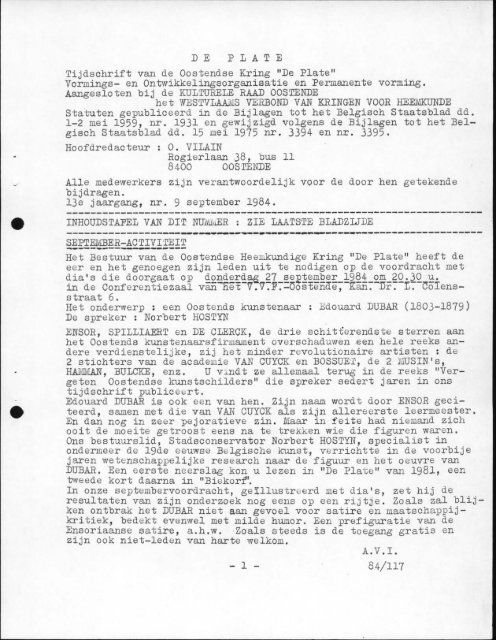 DE PLATE Tijdschrift van de Oostendse Kring "De Plate" Vormings ...