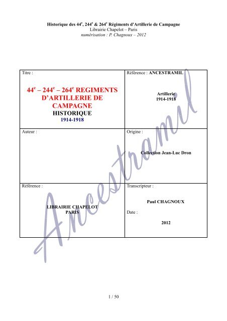 264 regiments d'artillerie de campagne - Ancestramil