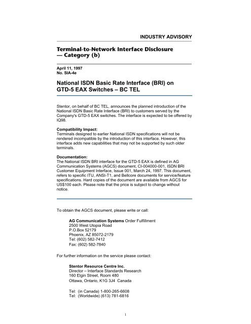 National ISDN Basic Rate Interface (BRI) on GTD-5 ... - About TELUS