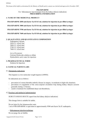 FRAXIPARINE For Subcutaneous injection(apart from the kidney ...