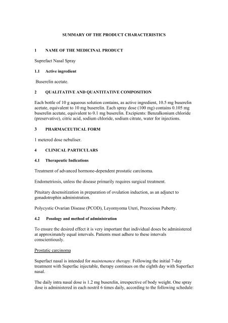 Suprefact Nasal Spray Buserelin acetate. Each bottle of 10 g ...