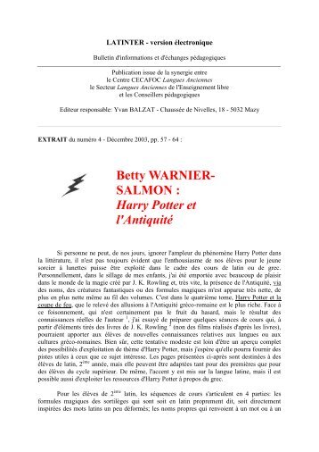 Betty WARNIER- SALMON : Harry Potter et l'Antiquité