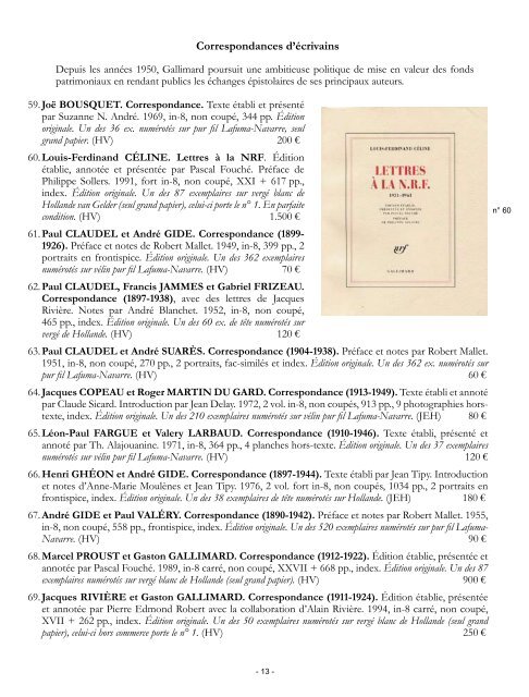 Catalogue 71 - Gallimard Cent ans d'édition - Librairie Henri Vignes