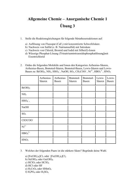 Allgemeine Chemie – Anorganische Chemie 1 Übung 3