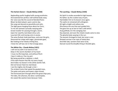 The Harlem Dancer – Claude McKay (1920) Applauding youths ...