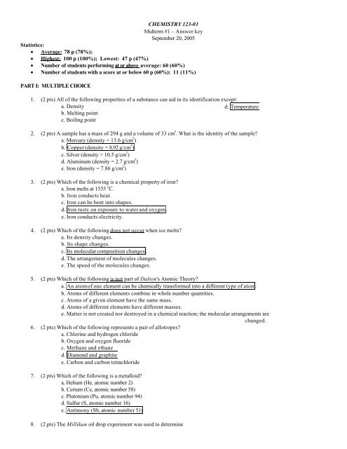 CHEMISTRY 123-01 Midterm #1 – Answer key ... - Amazon S3