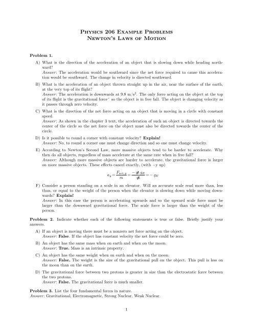 Physics 206 Example Problems Newton's Laws of Motion