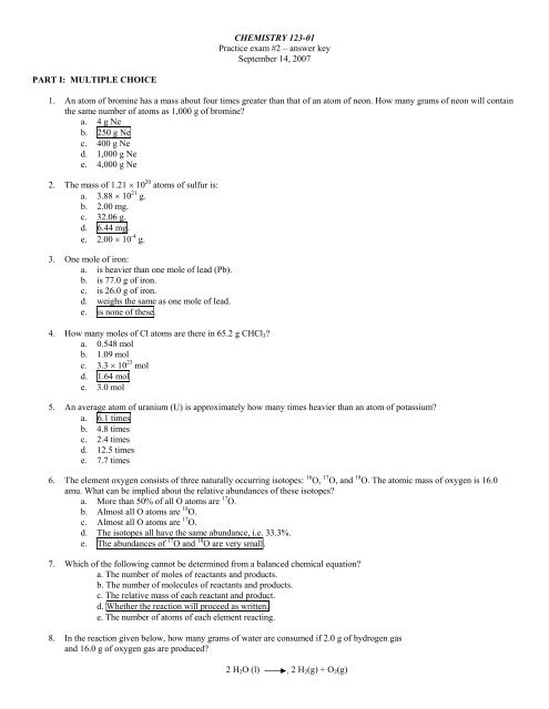 CHEMISTRY 123-01 Practice exam #2 – answer key ... - Amazon S3