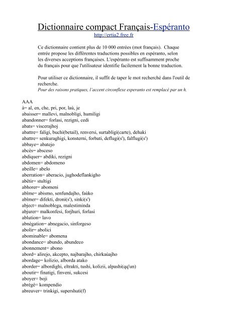 Dictionnaire compact Français-Espéranto - Accueil - Free