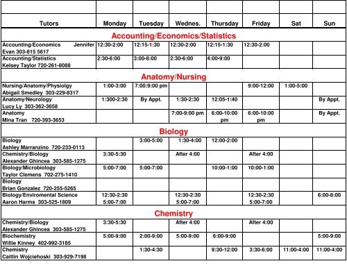 Tutor Schedule fall, 2010 - Regis