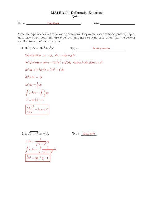 MATH 219 - Differential Equations Quiz 3 Name Solutions Date ...