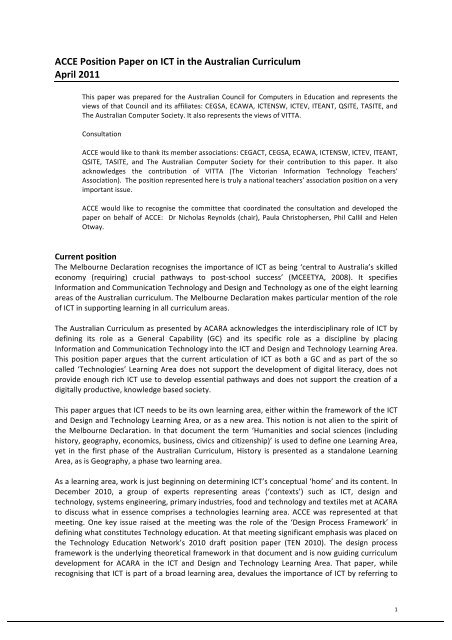 ACCE Position Paper on ICT in the Australian Curriculum April 2011