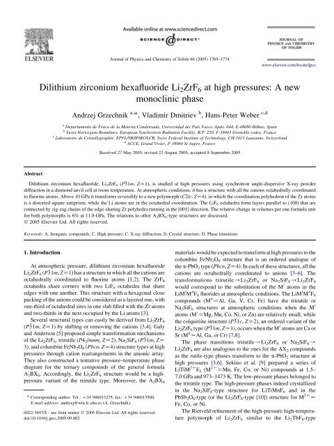 Dilithium zirconium hexafluoride Li2ZrF6 at high ... - ResearchGate