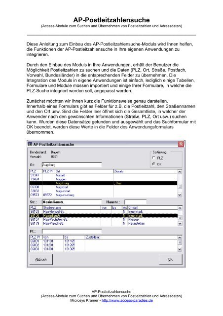 AP-Postleitzahlensuche - Access-Paradies