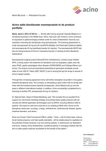 Acino adds blockbuster esomeprazole to its product portfolio