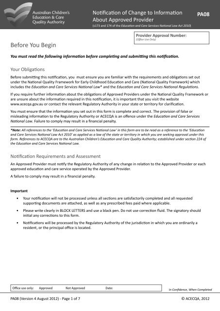 Pa08 Notification Of Change To Information About Approved Acecqa