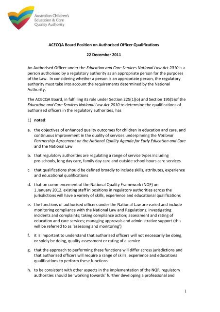 NQF qualification requirements for Authorised Officers PDF - acecqa