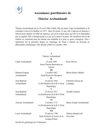 Ascendance patrilinéaire de Thérèse Archambault