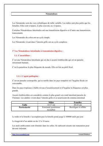 Nématodoses Les Nématodes sont des vers cylindriques ... - Arnobio2