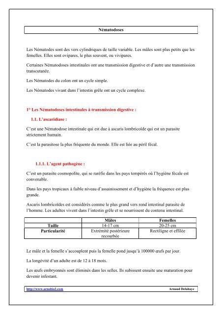Nématodoses Les Nématodes sont des vers cylindriques ... - Arnobio2