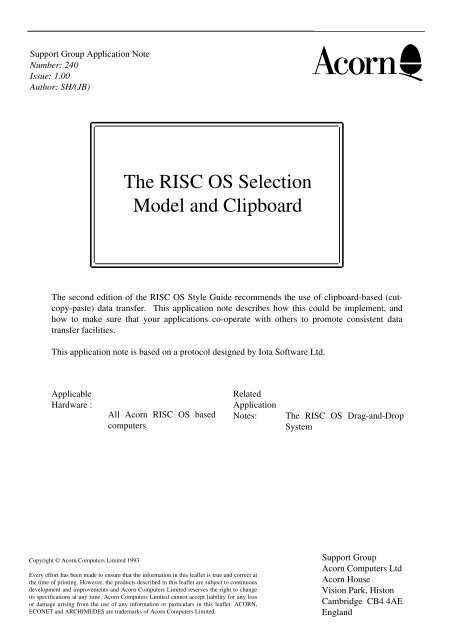 The RISC OS Selection Model and Clipboard
