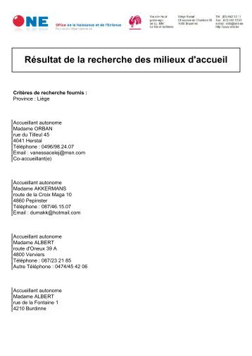 Résultat de la recherche des milieux d'accueil