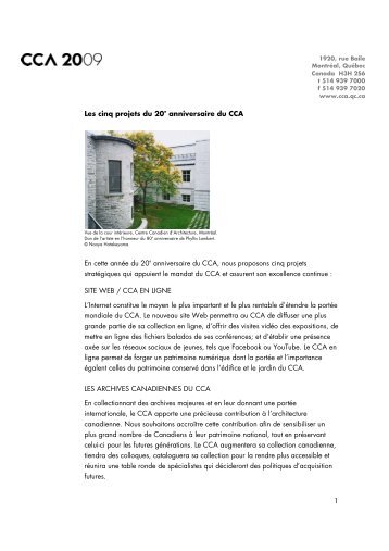 1 Les cinq projets du 20e anniversaire du CCA En cette année du ...