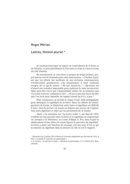 Roger Mérian Lettres, féminin pluriel * - Ecole de Psychanalyse des ...