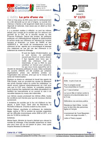 Cahier de L'UL CGT de Colmar n° 13/03 du 4 avril 2013