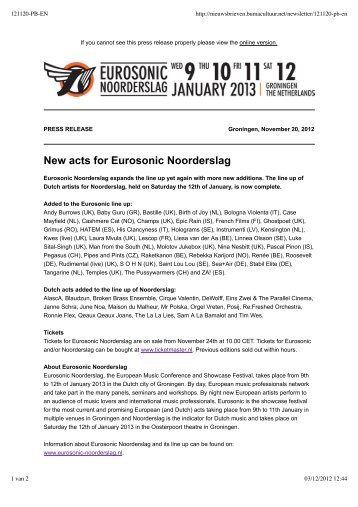 New acts for Eurosonic Noorderslag