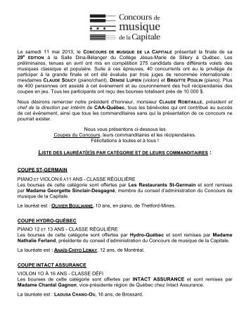 Publication lauréats 2013 (PDF) - Concours de musique de la Capitale