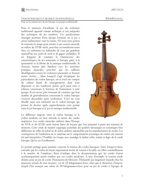 Violon baroque et musique traditionnelle - Rémi Rouleau ; luthier
