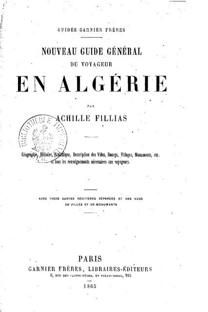 Guide Filias du voyageur en Algérie, 1865 - Accueil