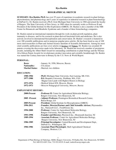Ilya Raskin BIOGRAPHICAL SKETCH - Rutgers, The State ... - YUMPU