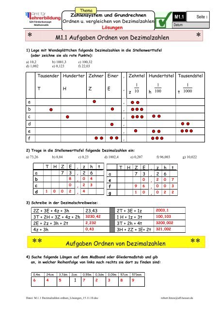 Stellenwerttafel Dezimalzahlen Vorlage Pdf : Werkstück zum ...