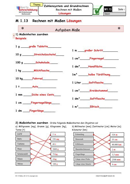 M 1.13 Rechnen mit Maßen Lösungen - Hessen