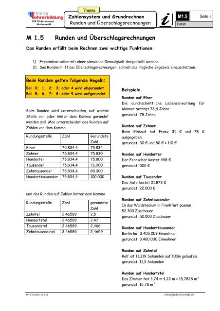 Aufgaben Runden/ Überschlagsrechnen - Hessen
