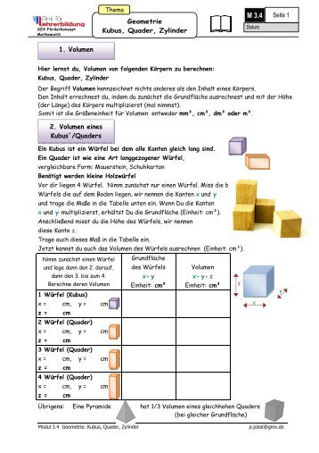 Seite 1 Geometrie Kubus, Quader, Zylinder 1. Volumen 2. Volumen ...