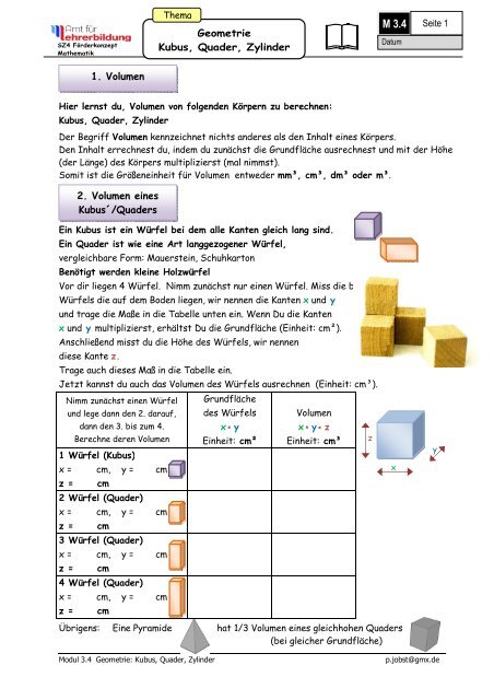Seite 1 Geometrie Kubus, Quader, Zylinder 1. Volumen 2 ...