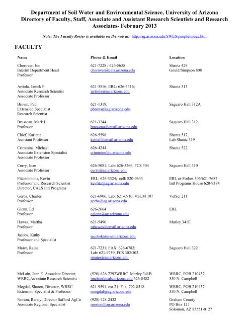 SWES Department Directory - University of Arizona