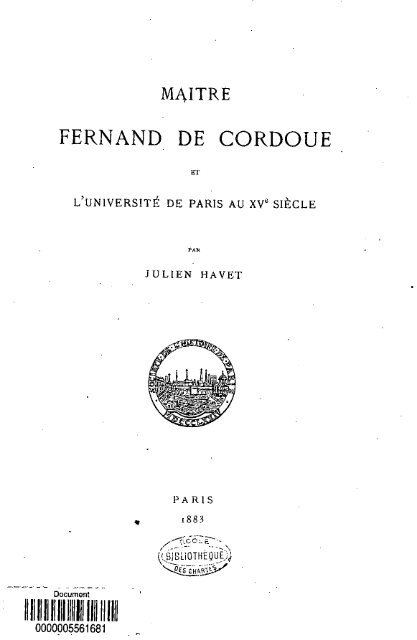 Maitre Fernand de Cordoue et l'Universite de Paris au XVe siecle