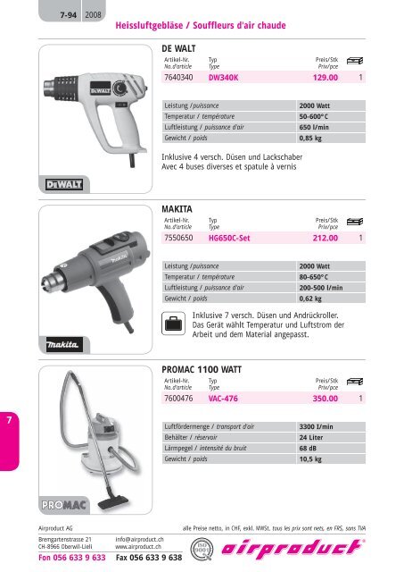 handwerkzeuge, elektrowerkzeuge outils manuels ... - Airproduct AG