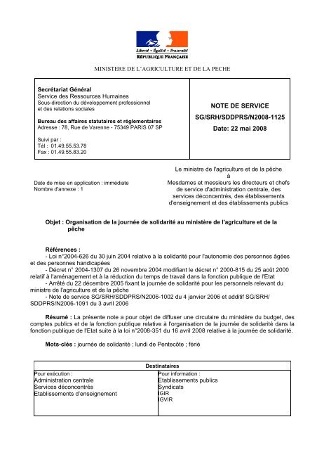 NOTE DE SERVICE SG/SRH/SDMEC/N DGER/SDESR/N Date: 16 février 2010