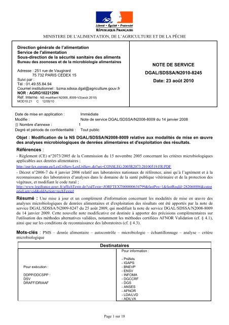 NOTE DE SERVICE DGAL/SDSSA/N2010-8245
