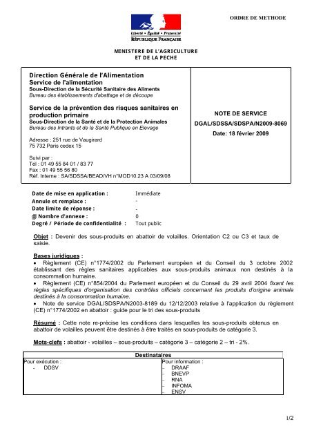 Note de service DGAL/SDSSA/SDSPA/N2009-8069 du 18/02/2009