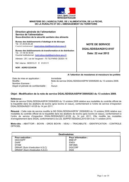 Note de service DGAL/SDSSA/N2012-8107 du 22/05/201