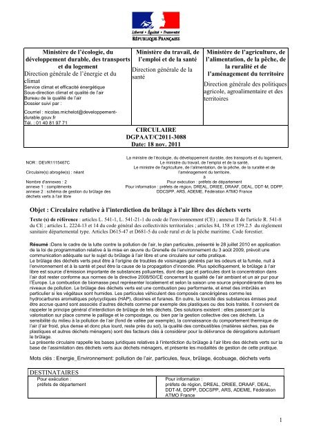 Circulaire DGPAAT/C2011-3088 du 18/11/2011 - Ministère de l ...