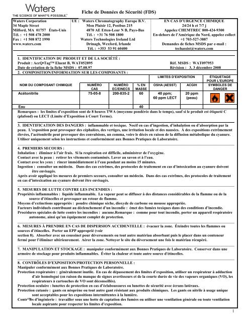 Fiche de Donnes de Scurit (FDS) - Waters