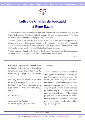 Lettre de Charles de Foucauld à René Bazin - reseau-regain.net