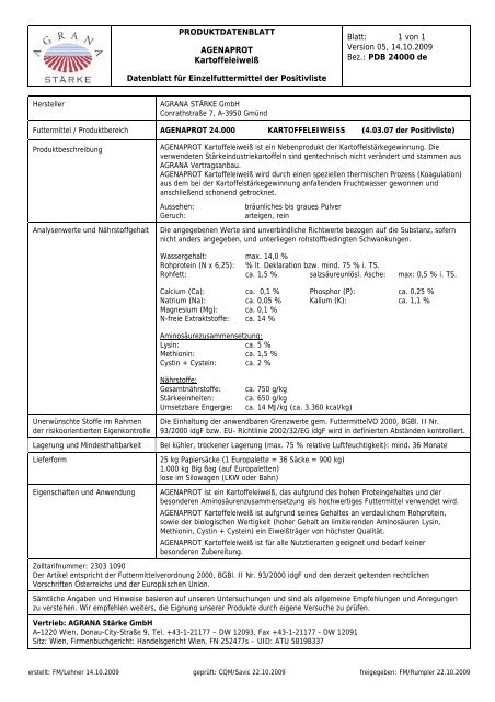 PRODUKTDATENBLATT AGENAPROT Kartoffeleiweiß ... - Agrana